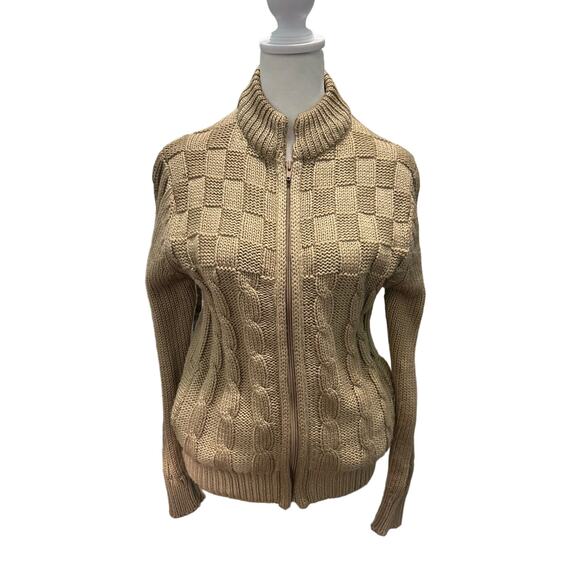 Vintage Unisex Tan Chunky Cable Knit Zip Sweater Jacket Acrylic Medium - Picture 3 of 11
